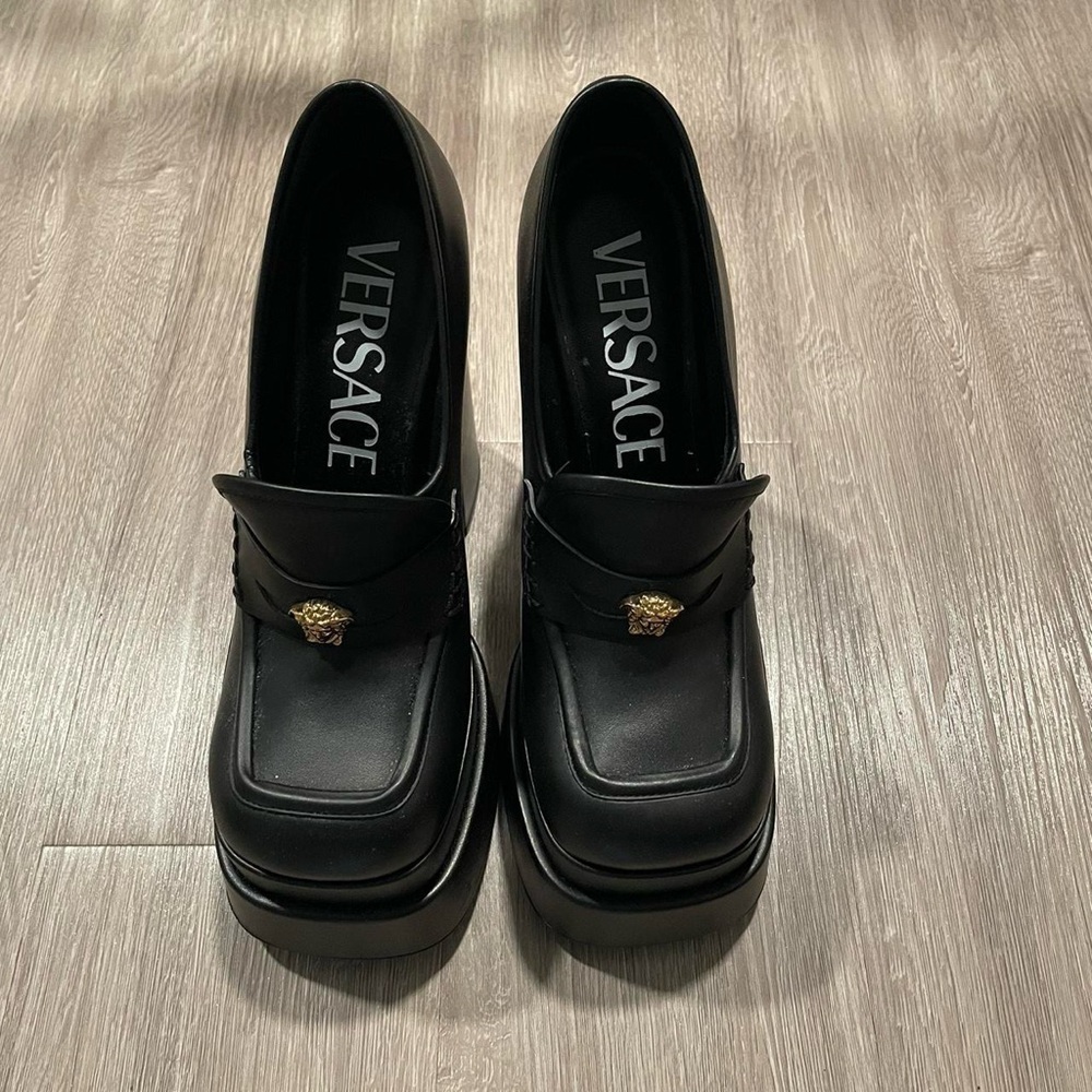 Versace Aevitas leather platform loafer pumps.